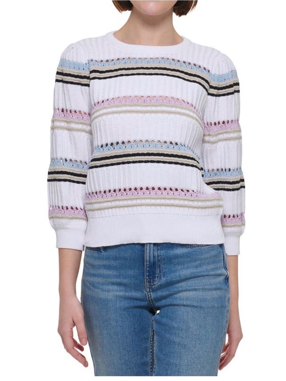 Calvin Klein Jeans White Ribbed Crewneck Sweater with Pastel Accents